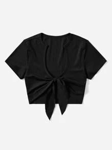 SHEIN EZwear Tie Front Crop Deep Collar Short Sleeves Top - Black - View 3