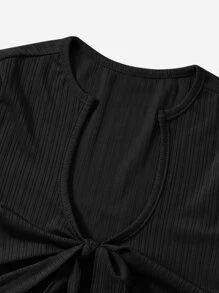 SHEIN EZwear Tie Front Crop Deep Collar Short Sleeves Top - Black - View 5