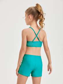Tween Girl Solid Cross Back Shorts Bikini Set Summer Beach - Mint Blue - View 2