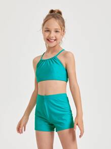 Tween Girl Solid Cross Back Shorts Bikini Set Summer Beach - Mint Blue - View 3