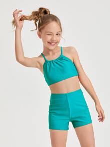 Tween Girl Solid Cross Back Shorts Bikini Set Summer Beach - Mint Blue - View 4