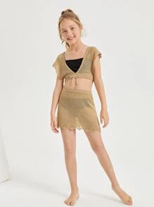 2packs Tween Girls Tie Front Cover Up Top With Skirt Set - Khaki - View 1