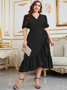 Modelyn Vestido cruzado de manga farol ribete con fruncido con cordón lateral - Negro - Ver 1