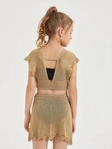 2packs Tween Girls Tie Front Cover Up Top With Skirt Set - Khaki - View 2