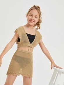 2packs Tween Girls Tie Front Cover Up Top With Skirt Set - Khaki - View 3