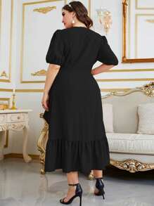 Modelyn Vestido cruzado de manga farol ribete con fruncido con cordón lateral - Negro - Ver 2