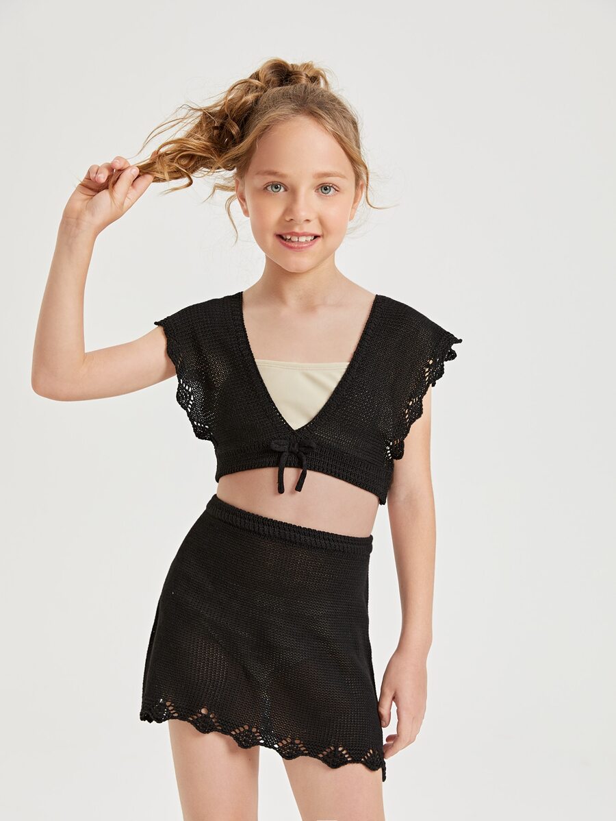 2 Packs Tween Girls Tie Front Cover Up Top With Skirt Set - Black - View 1