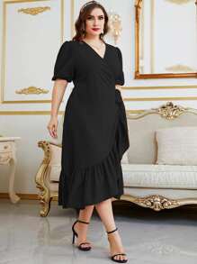 Modelyn Vestido cruzado de manga farol ribete con fruncido con cordón lateral - Negro - Ver 5