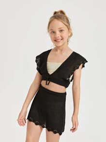 2 Packs Tween Girls Tie Front Cover Up Top With Skirt Set - Black - View 4