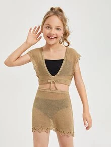 2packs Tween Girls Tie Front Cover Up Top With Skirt Set - Khaki - View 5
