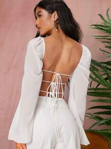 SHEIN VCAY Square Neck Lace Up Backless Crop Blouse - White - View 1