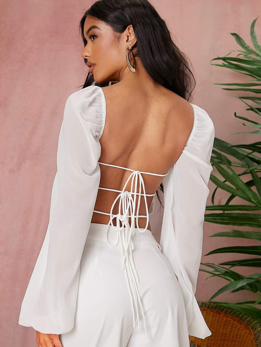 SHEIN VCAY Square Neck Lace Up Backless Crop Blouse - White - View 1