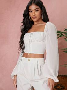 SHEIN VCAY Square Neck Lace Up Backless Crop Blouse - White - View 2