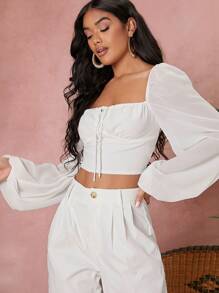 SHEIN VCAY Square Neck Lace Up Backless Crop Blouse - White - View 3