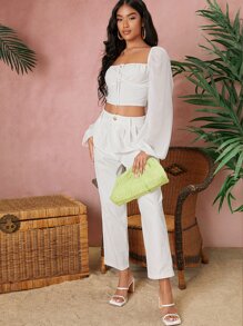 SHEIN VCAY Square Neck Lace Up Backless Crop Blouse - White - View 5