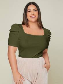 Firerie Plus Ribbed Knit Scoop Neck Puff Sleeve Tee - Army Green - View 1