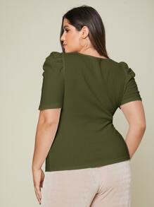 Firerie Plus Ribbed Knit Scoop Neck Puff Sleeve Tee - Army Green - View 2