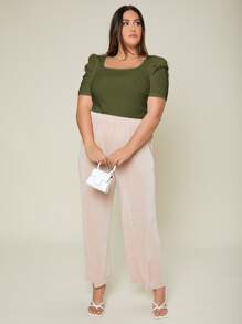 Firerie Plus Ribbed Knit Scoop Neck Puff Sleeve Tee - Army Green - View 3