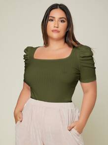 Firerie Plus Ribbed Knit Scoop Neck Puff Sleeve Tee - Army Green - View 4