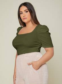 Firerie Plus Ribbed Knit Scoop Neck Puff Sleeve Tee - Army Green - View 5