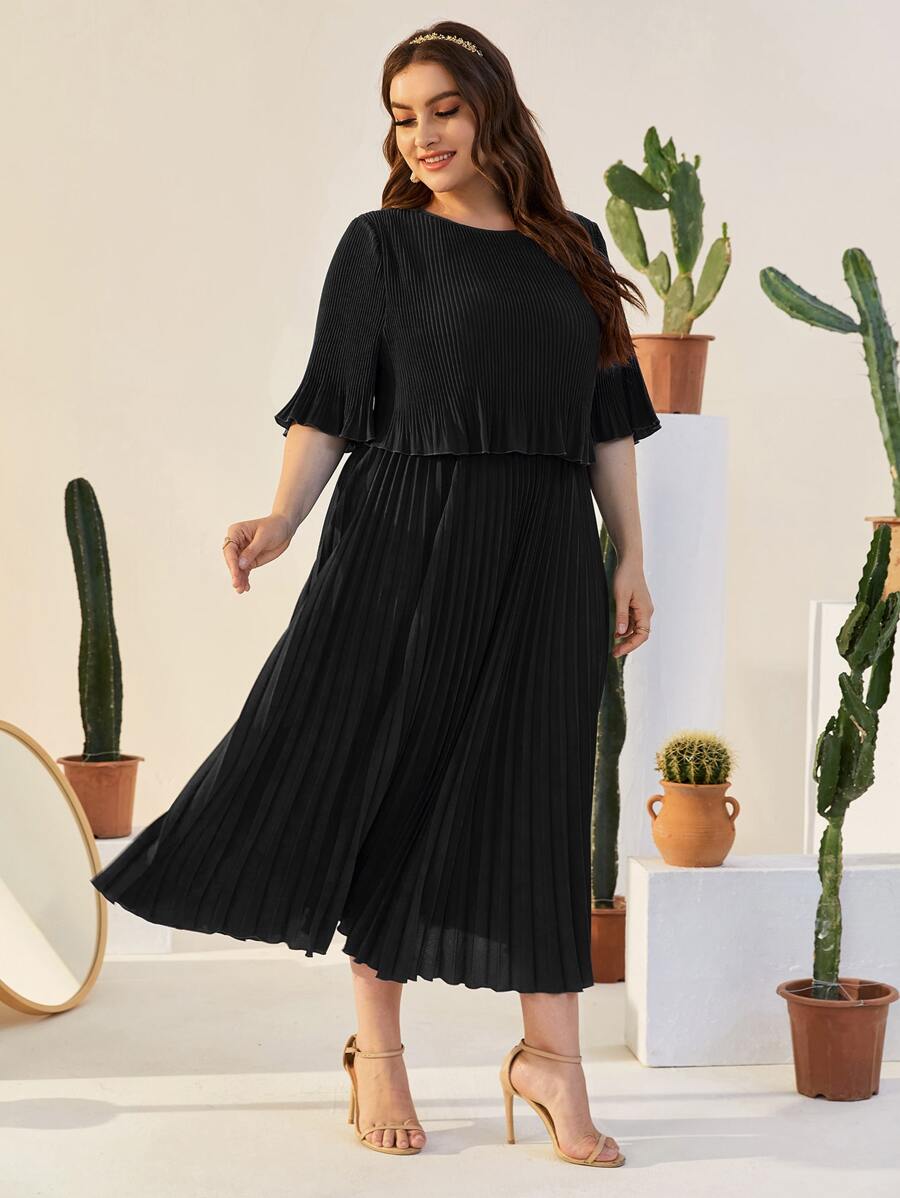 Modelyn Plus Flounce Sleeve Pleated Solid Dress - Black - View 1