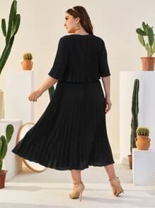 Modelyn Plus Flounce Sleeve Pleated Solid Dress - Black - View 2