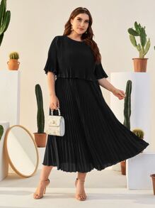 Modelyn Plus Flounce Sleeve Pleated Solid Dress - Black - View 3