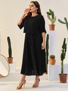 Modelyn Plus Flounce Sleeve Pleated Solid Dress - Black - View 4