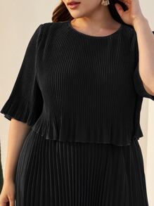 Modelyn Plus Flounce Sleeve Pleated Solid Dress - Black - View 5