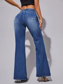 SHEIN High Waisted Flap Pocket Flare Leg Jeans - Medium Wash - View 2