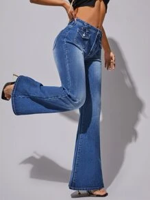 SHEIN High Waisted Flap Pocket Flare Leg Jeans - Medium Wash - View 4