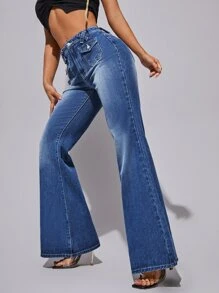 SHEIN High Waisted Flap Pocket Flare Leg Jeans - Medium Wash - View 5