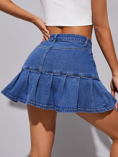 Jeansrock mit Rüschen, schrägen Taschen