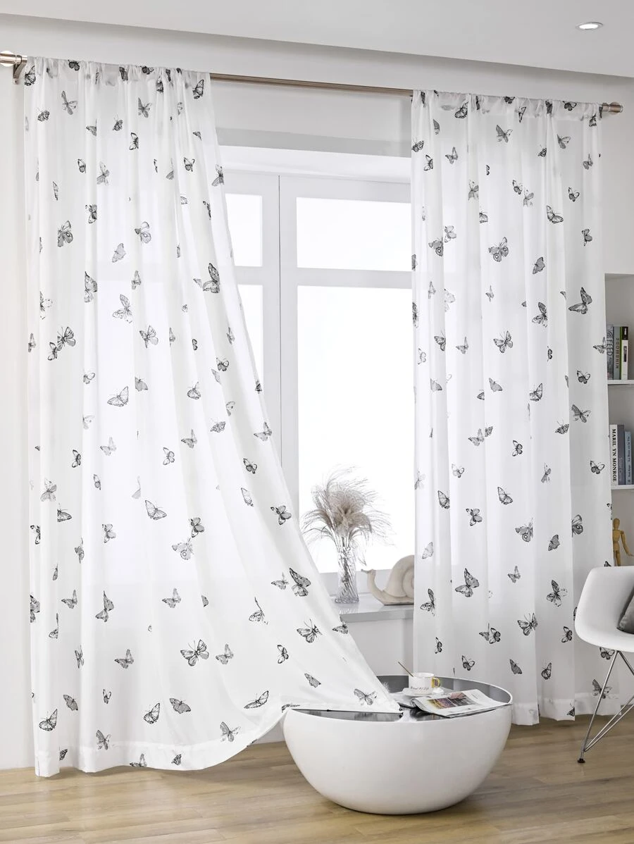 Butterfly Print Single Panel Sheer Curtain - White - View 1