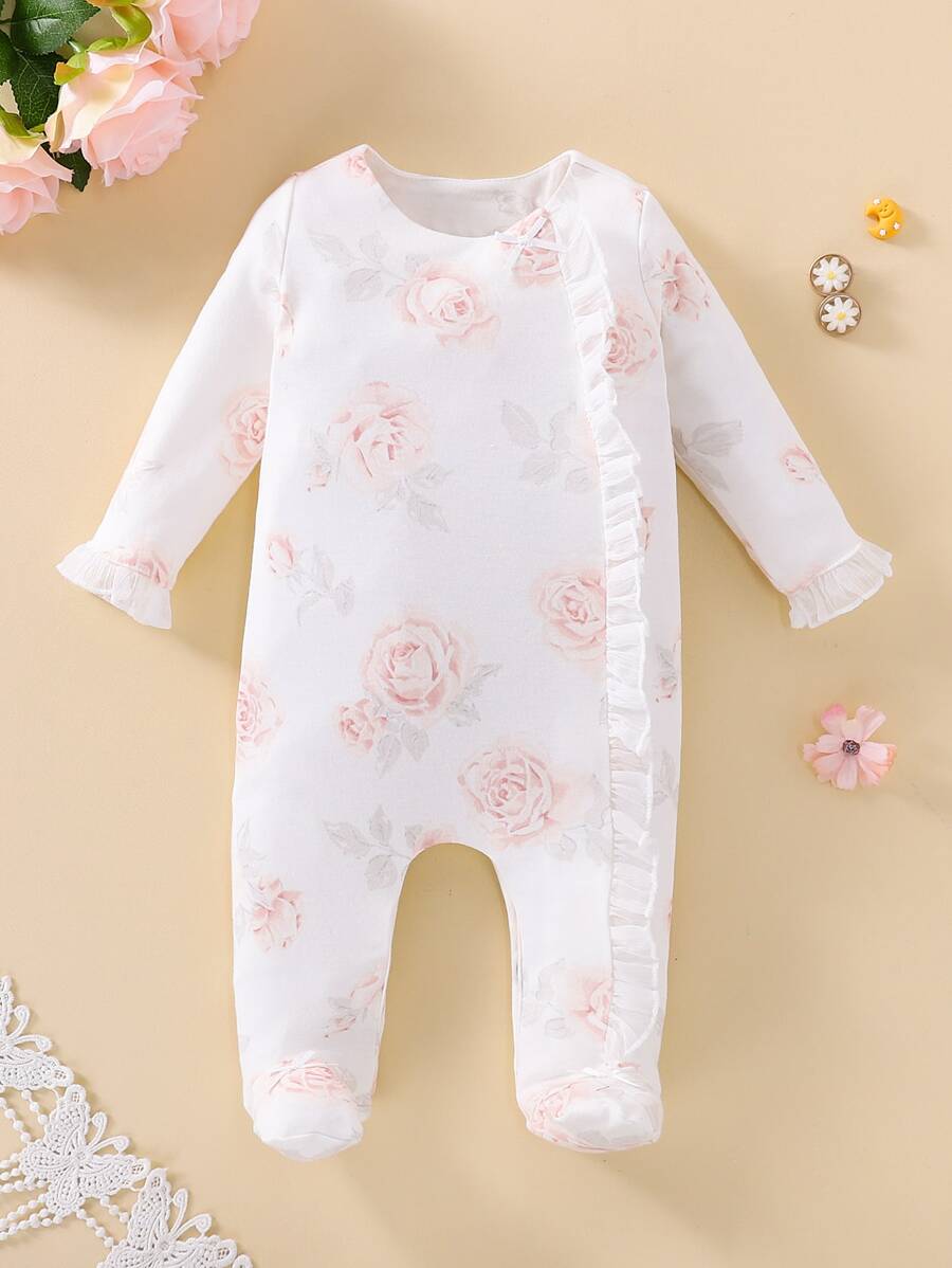 嬰兒花卉刺繡包腳連體睡衣 - 白色 - 查看 1