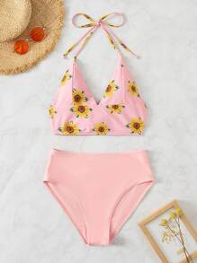 Conjunto de bikini halter de talle alto con estampado de girasol para playa de verano - Rosa - Ver 1