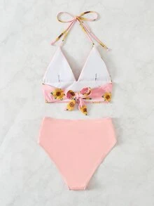 Conjunto de bikini halter de talle alto con estampado de girasol para playa de verano - Rosa - Ver 2