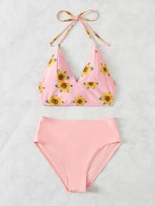 Conjunto de bikini halter de talle alto con estampado de girasol para playa de verano - Rosa - Ver 4