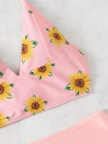 Conjunto de bikini halter de talle alto con estampado de girasol para playa de verano - Rosa - Ver 3