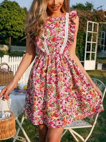 Đầm Tương phản ren Xù Dây kéo Hoa Tất cả trên in Boho - Nhiều màu - Xem 4