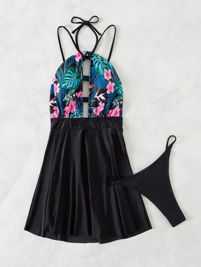 Contrast Plant Print Backless Tankini Set, For Summer Beach Vacation