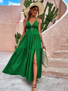 Breezaya 交叉露背高衩長連衣裙 - 綠色 - 查看 1