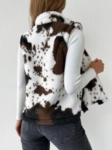SHEIN LUNE Cow Print Teddy Vest Jacket - Multicolor - View 2