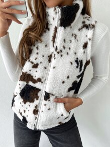 SHEIN LUNE Cow Print Teddy Vest Jacket - Multicolor - View 3