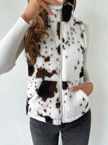 SHEIN LUNE Cow Print Teddy Vest Jacket - Multicolor - View 5