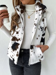 SHEIN LUNE Cow Print Teddy Vest Jacket - Multicolor - View 6