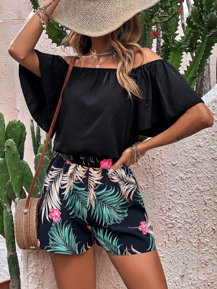 Breezaya Solid Off The Shoulder Blouse & Tropical Print Shorts - Multicolor - View 1