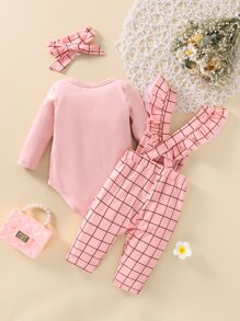 Baby Solid Bodysuit & Windowpane Print Ruffle Trim Overalls With Headband - Pink - View 2