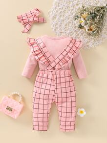 Baby Solid Bodysuit & Windowpane Print Ruffle Trim Overalls With Headband - Pink - View 7