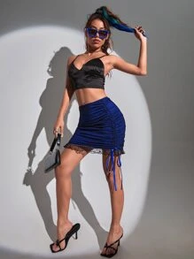 Falda de lunares de malla con cordón lateral - Azul - Ver 3